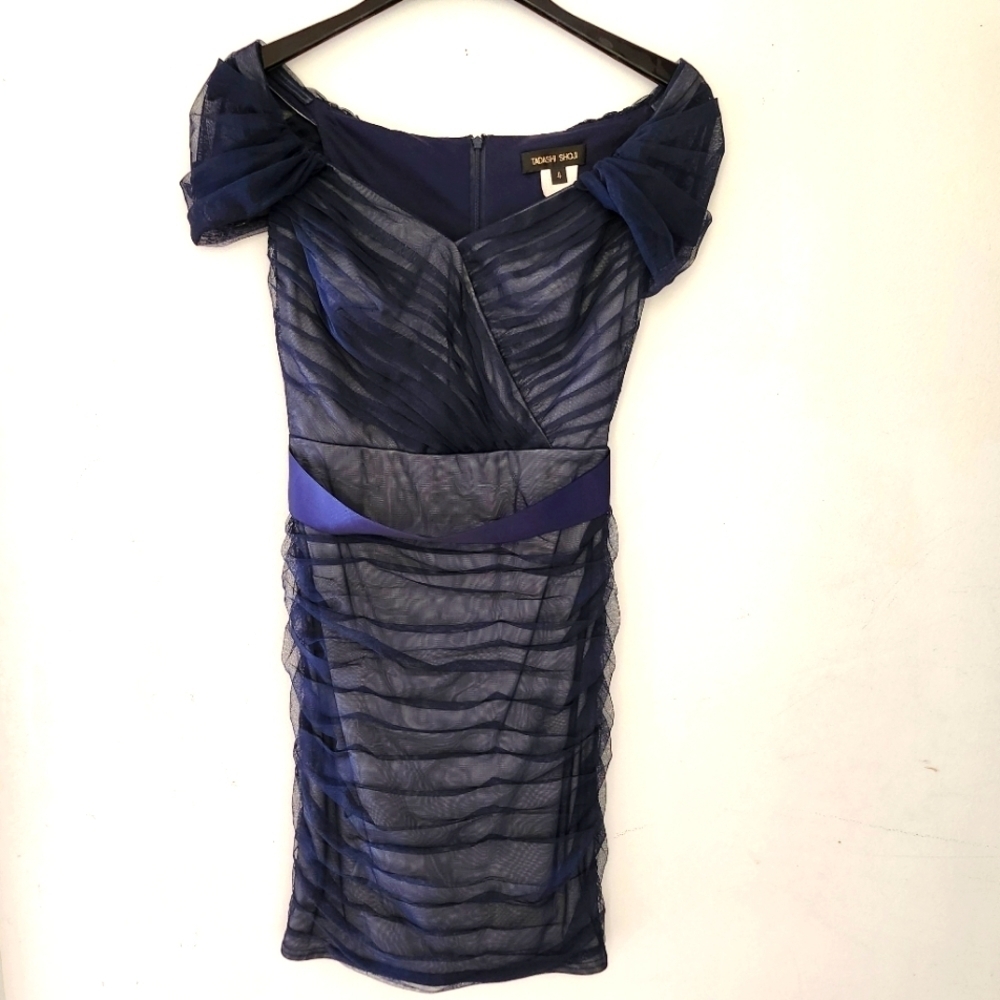 TADASHI SHOJI navy pleated ruched dress